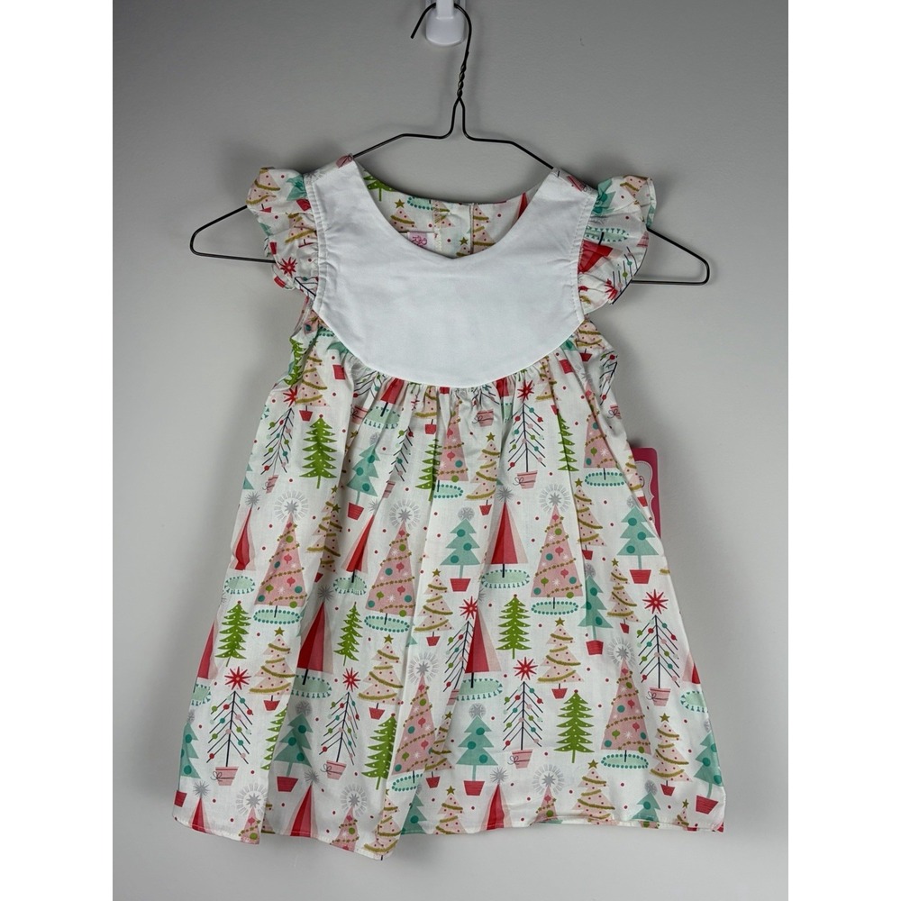 Ricrac and Ruffles Dress Girls 4T Pink Christmas Tree Cotton Monogram NWT